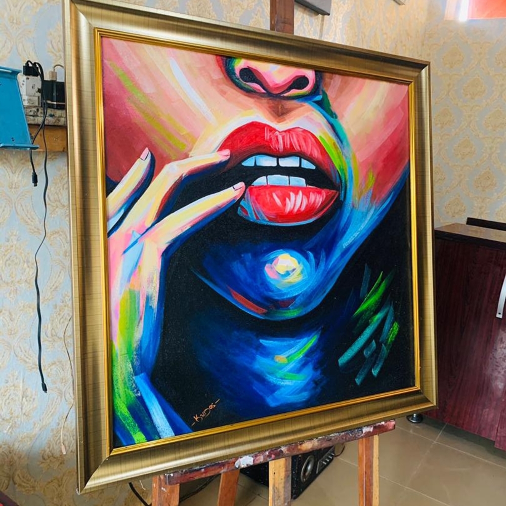 Vibrant Abstract Portrait Art in Gold Frame